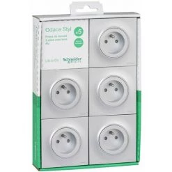 Odace Lot De 5 PC2P+T A Vis Connexion Rapide Avec Plaque Brochable Aluminium, Schneider Electric, Ref. SHN0412531