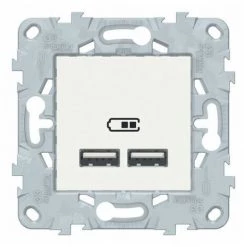 Unica Double Chargeur USB 2.0 Blanc - 5Vcc - 1A+2,1A - 2Mod, Schneider Electric Ref. NU541818F