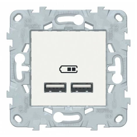 Unica Double Chargeur USB 2.0 Blanc - 5Vcc - 1A+2,1A - 2Mod, Schneider Electric Ref. NU541818F 1 Unica Double Chargeur USB 2.0 Blanc - 5Vcc - 1A+2,1A - 2Mod, Schneider Electric Ref. NU541818F